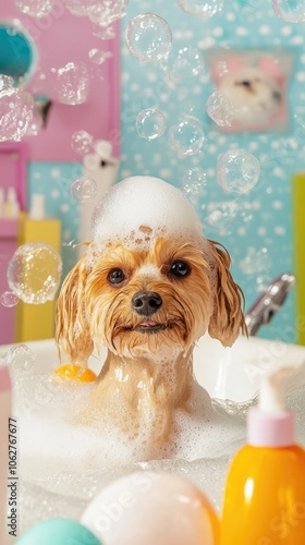 Humorous Portrait of Dog Enjoying Bubble Bath in Grooming Salon with Playful Expression photo