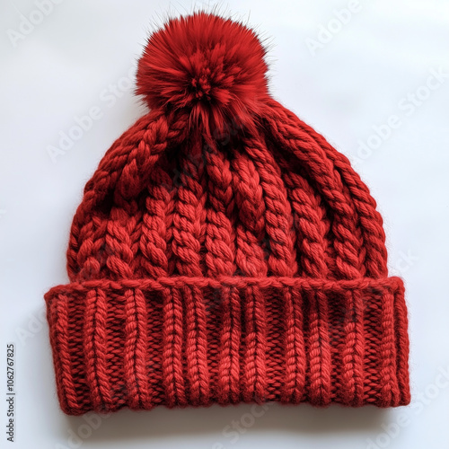 Cozy Red Knitted Beanie with Fluffy Pompom on White Background for Winter Season