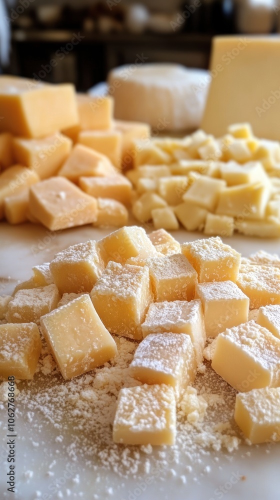 Close-up of cubed cheese with powdered sugar dusting Close-up of cubed cheese with powdered sugar dusting