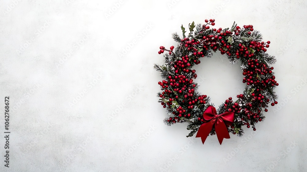 a minimalistic Christmas wreath on a white background, decorated with red berries and a ribbon bow, a clean and modern holiday design a minimalistic Christmas wreath on a white background, decorated with red berries and a ribbon bow, a clean and modern holiday design