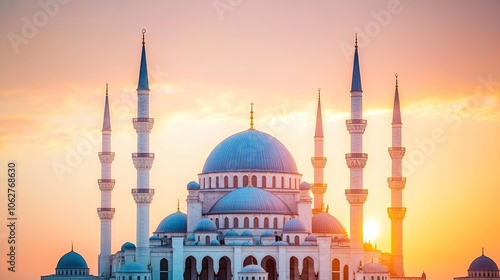 Beautiful mosque silhouette at sunset with colorful sky background. photo