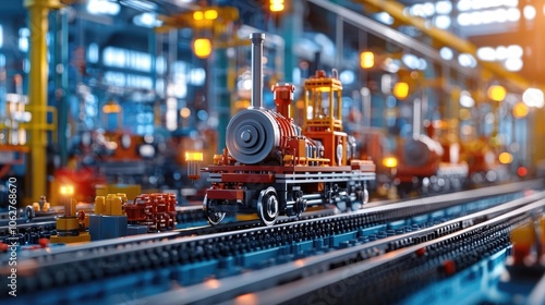 Miniature train model on tracks in a vibrant industrial setting