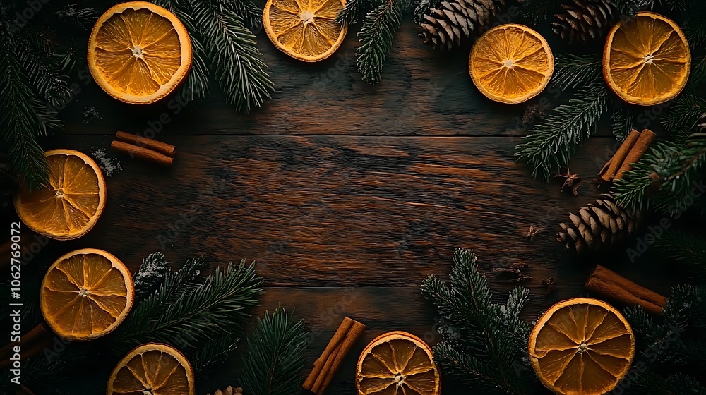 Dark wood background adorned with pine sprigs, dried orange slices, and cinnamon sticks, spacious copyspace in the center, soft cozy lighting, hd quality, inviting holiday warmth. --ar 16:9 Dark wood background adorned with pine sprigs, dried orange slices, and cinnamon sticks, spacious copyspace in the center, soft cozy lighting, hd quality, inviting holiday warmth. --ar 16:9