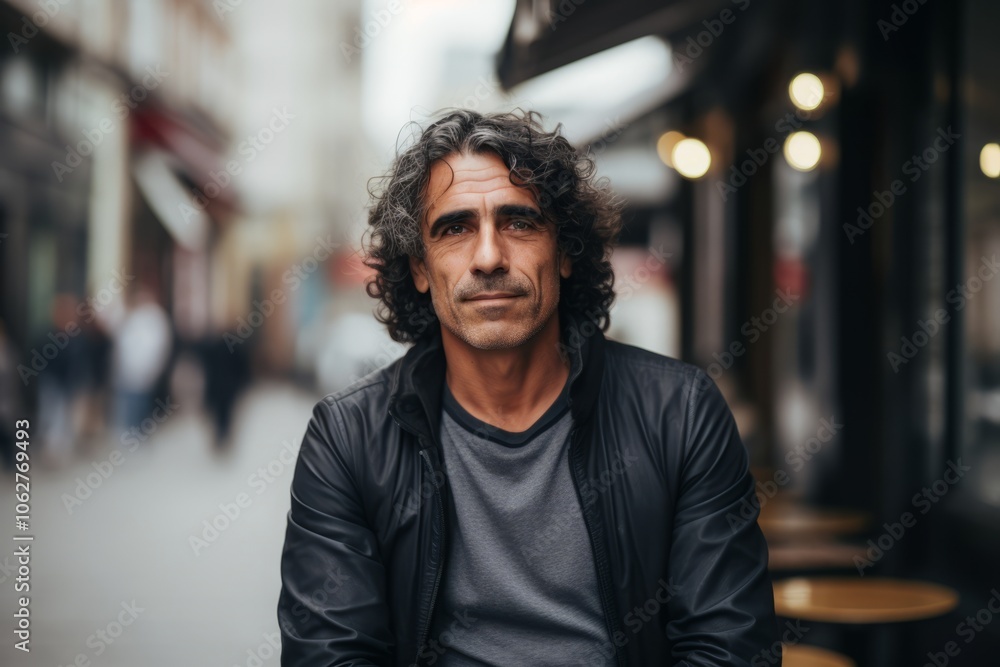 Portrait of handsome middle aged man with curly hair in urban background Portrait of handsome middle aged man with curly hair in urban background