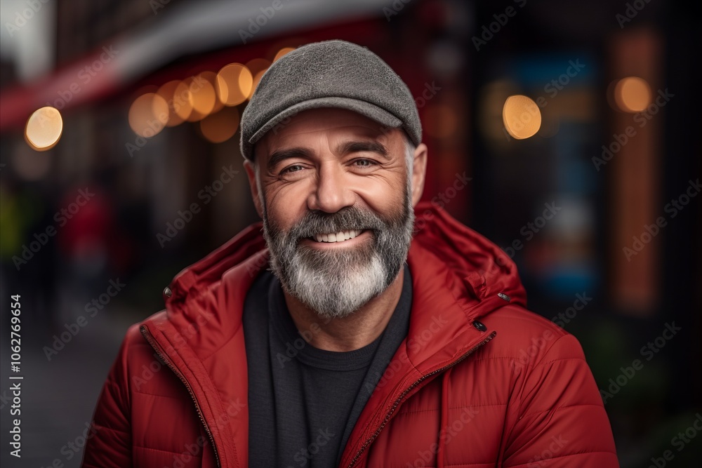 Portrait of a senior man in a red jacket and hat on a city street. Portrait of a senior man in a red jacket and hat on a city street.