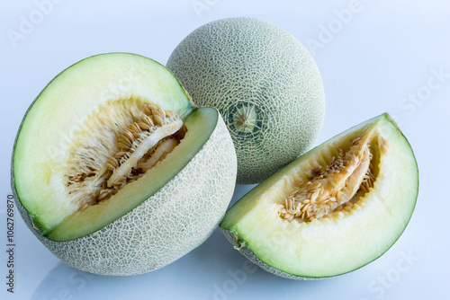 slice of japanese melons, orange melon or cantaloupe melon on white background, summer fruits