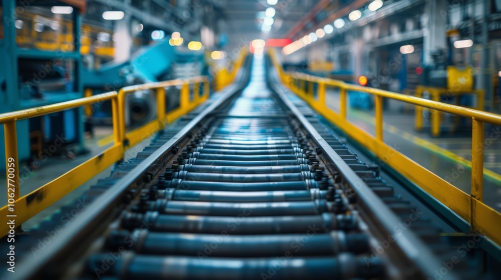 Heavy machinery and conveyor belts in a large manufacturing plant, with a focus on efficiency and industrial process flow Heavy machinery and conveyor belts in a large manufacturing plant, with a focus on efficiency and industrial process flow