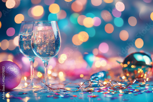 party and birthday background - colorful bokeh with champanger glasses photo