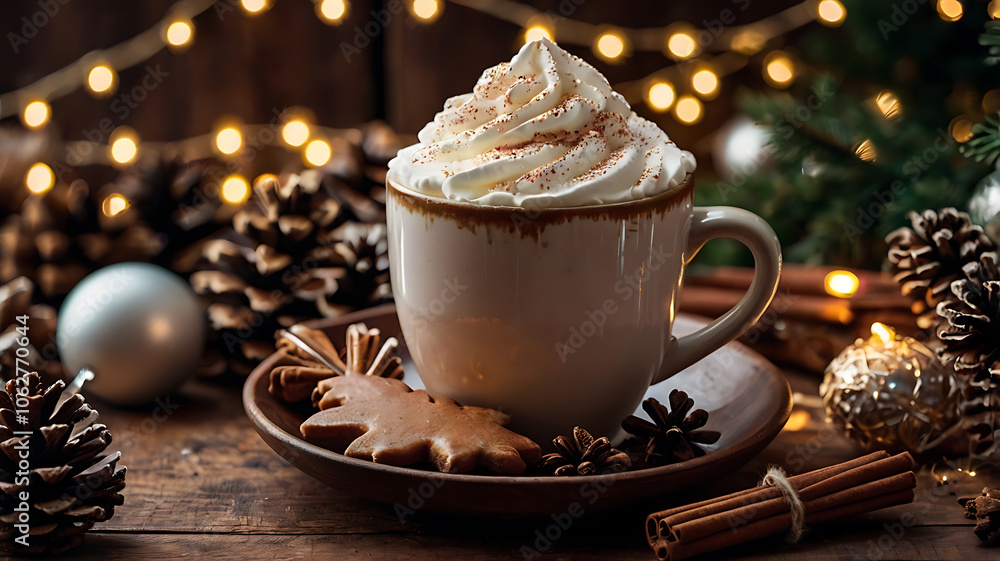 A rustic wooden table with a cup of hot cocoa topped with whipped cream and a sprinkle of cinnamon, surrounded by Christmas cookies, pine cones, and a string of fairy lights. A rustic wooden table with a cup of hot cocoa topped with whipped cream and a sprinkle of cinnamon, surrounded by Christmas cookies, pine cones, and a string of fairy lights.