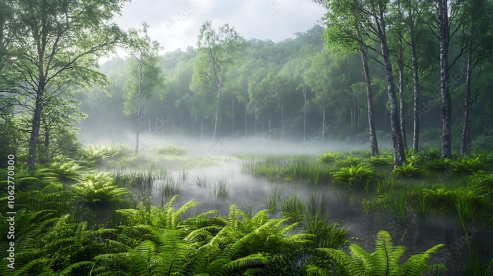 Mist-covered wetland forest with lush green trees and ferns emerging from the fog in soft morning light Mist-covered wetland forest with lush green trees and ferns emerging from the fog in soft morning light