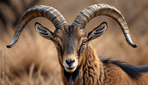 Close Up of Nubian Ibex Capra Nubiana with Soft Natural Blur Background photo