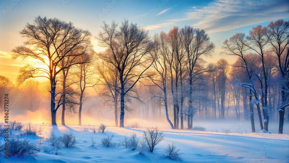 Snowy forest at dawn with bare trees and a misty fog rolling in, foggy morning, snowy forest Snowy forest at dawn with bare trees and a misty fog rolling in, foggy morning, snowy forest