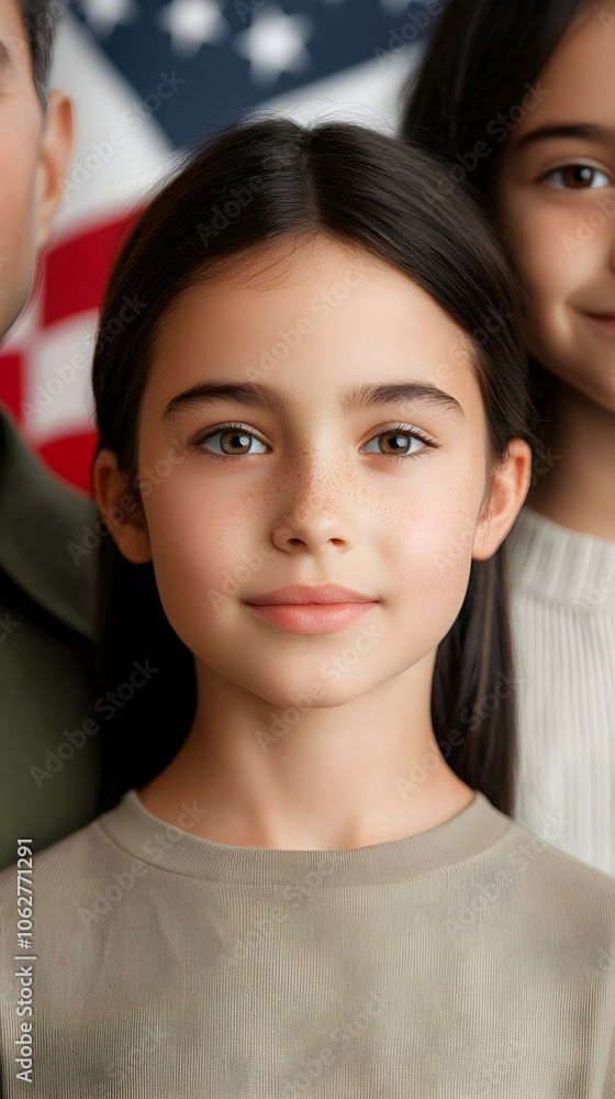 Young Girl Smiling with American Flag Background Young Girl Smiling with American Flag Background