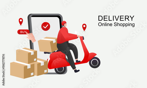 Delivery man drives a scooter out of a cart and online shopping concept