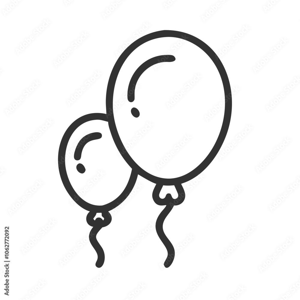 Simple balloon outline icon in black and white, Black and white outline icon of a balloon with a string, symbolizing celebration or party, isolated on a white background. Simple balloon outline icon in black and white, Black and white outline icon of a balloon with a string, symbolizing celebration or party, isolated on a white background.
