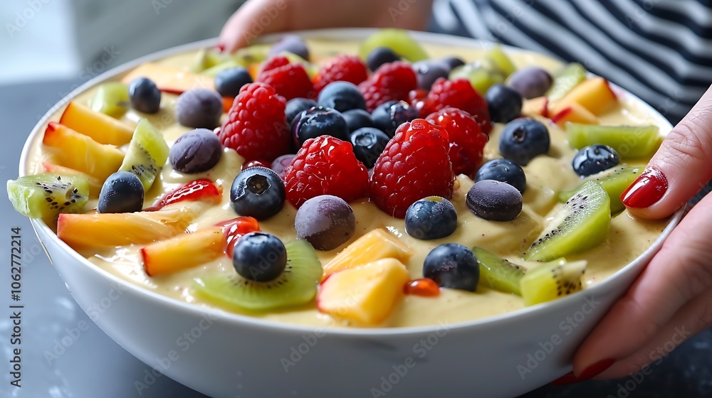 A person preparing a healthy smoothie bowl topped with fresh fruits A person preparing a healthy smoothie bowl topped with fresh fruits