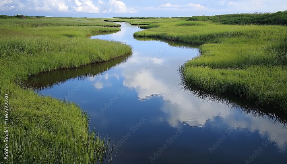 Tranquil wetland river winding through grassy marshes water reflecting scattered clouds above Tranquil wetland river winding through grassy marshes water reflecting scattered clouds above