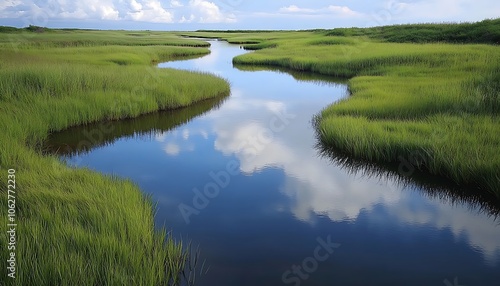 Tranquil wetland river winding through grassy marshes water reflecting scattered clouds above