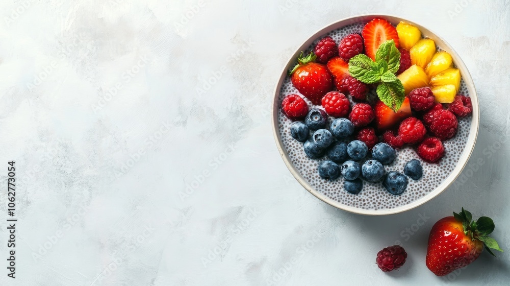 Minimalistic chia pudding bowl topped with fresh fruit on a white background Minimalistic chia pudding bowl topped with fresh fruit on a white background