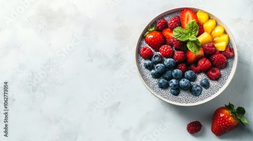 Wallpaper Mural Minimalistic chia pudding bowl topped with fresh fruit on a white background Torontodigital.ca