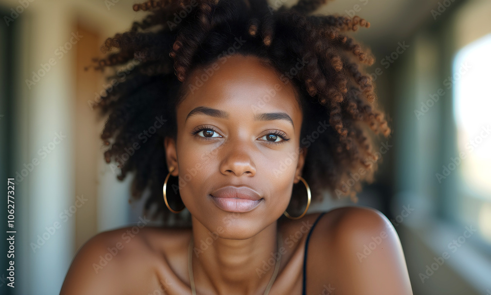 A young woman gazes directly into the camera, showcasing her natural beauty and curly hair against a bright interior backdrop. A young woman gazes directly into the camera, showcasing her natural beauty and curly hair against a bright interior backdrop.