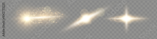 Set. Shining star, the sun particles and sparks with a highlight effect, golden bokeh lights glitter and sequins. On a dark background transparent. Vector,