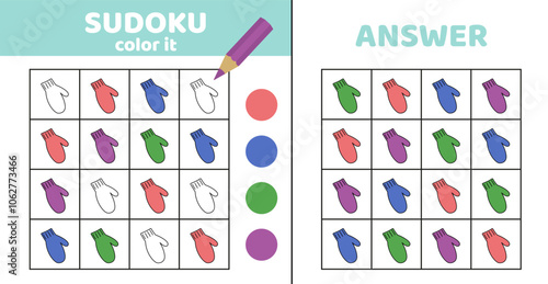 Sudoku. Mitten. Coloring sudoku with warm mitten. Cartoon.