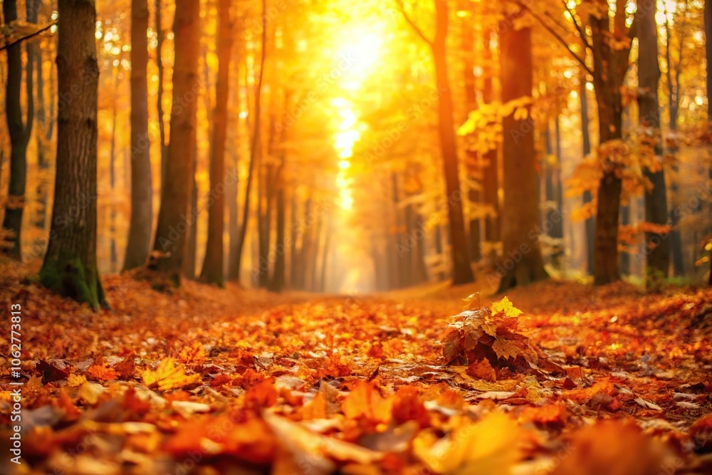 Softly glowing orange and yellow tones illuminate the forest floor as fallen leaves carpet the ground, colors, autumn Softly glowing orange and yellow tones illuminate the forest floor as fallen leaves carpet the ground, colors, autumn