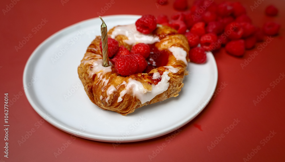 Delicious sweet pastry with raspberry and candles on the white plate and red background Delicious sweet pastry with raspberry and candles on the white plate and red background