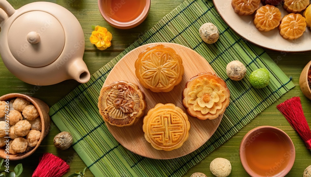 Chinese New Year snacks like mooncakes sesame balls and candied fruits with a tea set on green table Chinese New Year snacks like mooncakes sesame balls and candied fruits with a tea set on green table