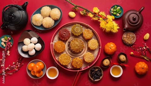 Chinese New Year snacks like mooncakes sesame balls and candied fruits with a tea set red table