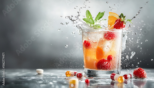 Experience the refreshing burst of energetic sports drinks infused with fresh fruit pieces photo