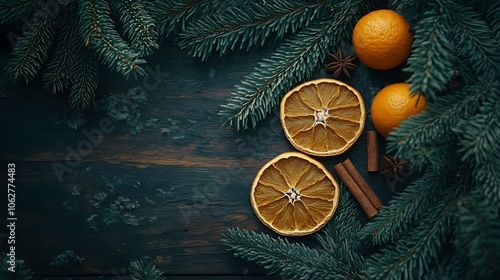 Pine branches, dried oranges, and cinnamon sticks on a dark rustic wood surface, centered copyspace, warm soft lighting, hd quality, cozy holiday gathering feel. --ar 16:9