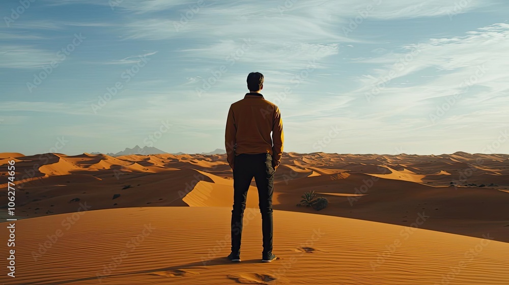 A person standing on a sand dune, gazing at vast desert landscape under a clear sky. A person standing on a sand dune, gazing at vast desert landscape under a clear sky.