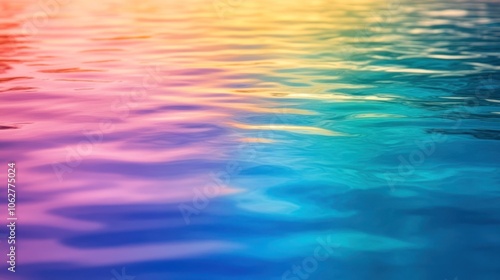 The image shows a close-up view of water with a gradient of vibrant colors ranging from pink to blue, creating a serene, abstract appearance.