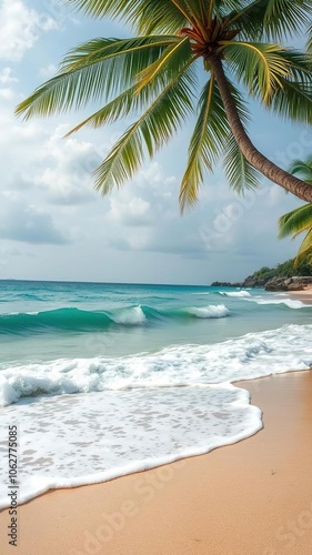 Soothing tropical beach scene with gentle waves rolling onto the shore, ideal for backgrounds or art projects, vacation, nature