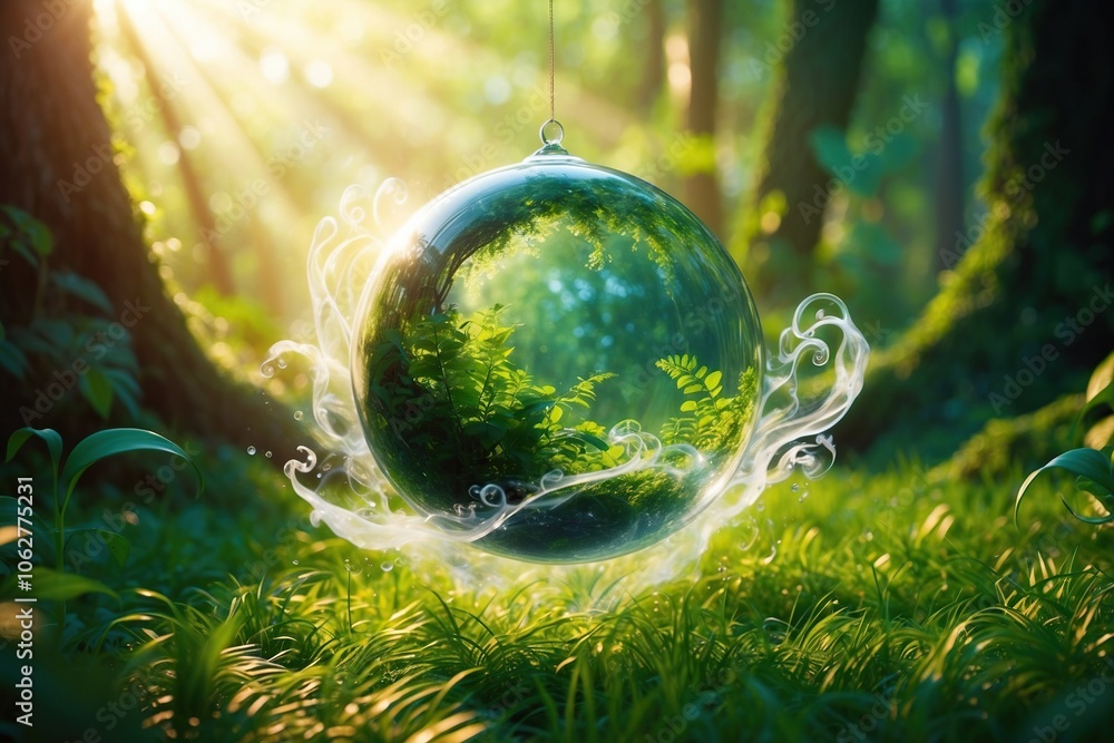 Crystal earth on ferns in green grass forest with sunlight. Environment, save the World, Crystal earth on ferns in green grass forest with sunlight. Environment, save the World,