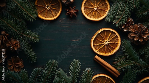 Pine sprigs, dried orange slices, and cinnamon sticks arranged on a dark wooden background, centered copyspace, warm holiday lighting, cozy and inviting atmosphere, hd quality, natural shadows.