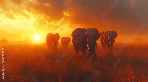 A herd of elephants walks through the tall grass towards the setting sun in a breathtaking sunset. photo