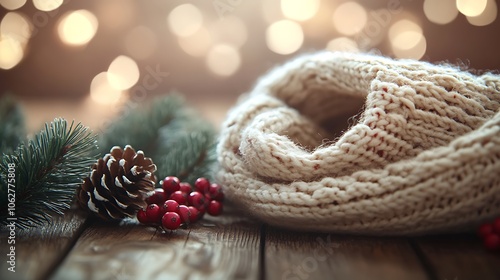 Rustic wood background adorned with a knitted scarf, pine branches, and red berries, large centered copyspace for holiday message, soft holiday lighting, hd clarity,