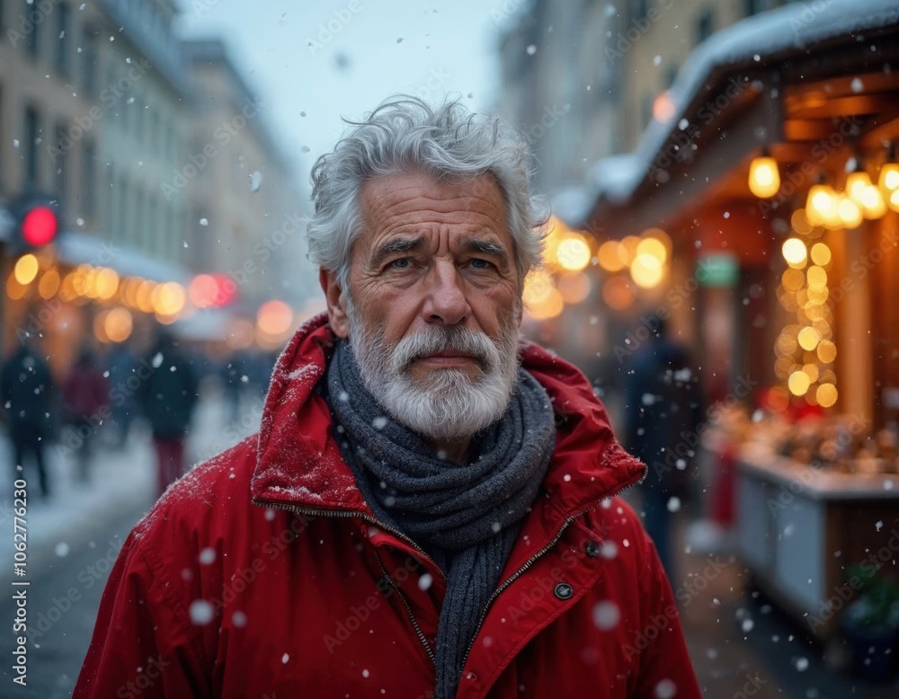Winter portrait of an elderly man in red. Winter portrait of an elderly man in red.