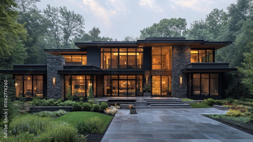 Modern house with large windows surrounded by lush greenery. Modern house with large windows surrounded by lush greenery.