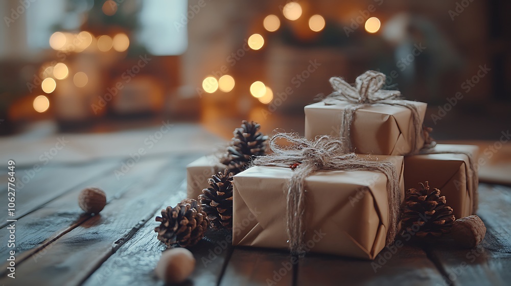 Rustic wood with small wrapped presents, pine cones, and acorns scattered, open copyspace, soft warm lighting creating a cozy holiday atmosphere, hd clarity, simple and inviting look. --ar 16:9 Rustic wood with small wrapped presents, pine cones, and acorns scattered, open copyspace, soft warm lighting creating a cozy holiday atmosphere, hd clarity, simple and inviting look. --ar 16:9
