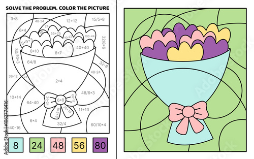 Solve the problem, color the picture. Bouquet of flowers. Coloring book. Vector.