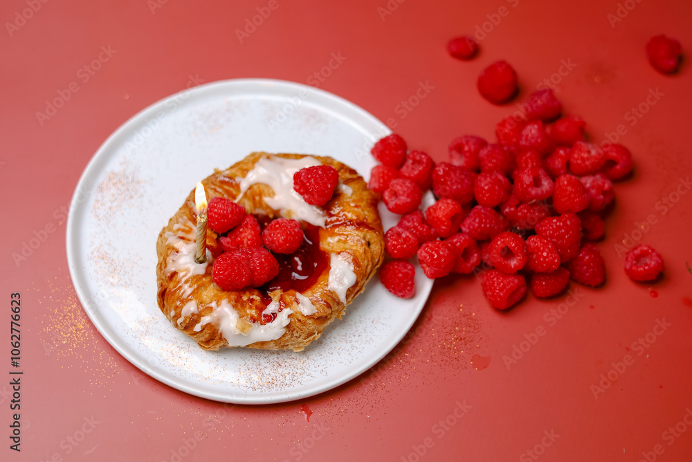 Delicious sweet dessert with raspberry on the white plate and red background with sparkles Delicious sweet dessert with raspberry on the white plate and red background with sparkles