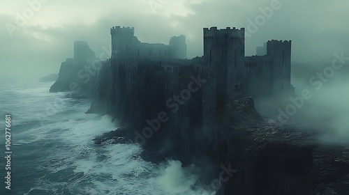 An ancient stone castle perched on a cliff overlooking a stormy sea. The castle is weathered and worn, with crumbling walls and towers. 