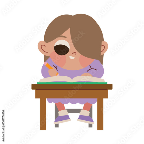 girl sitting at desk is writing