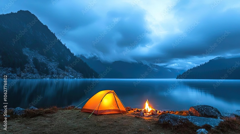 Camping tent by a tranquil lake under a cloudy sky during twilight. Camping tent by a tranquil lake under a cloudy sky during twilight.