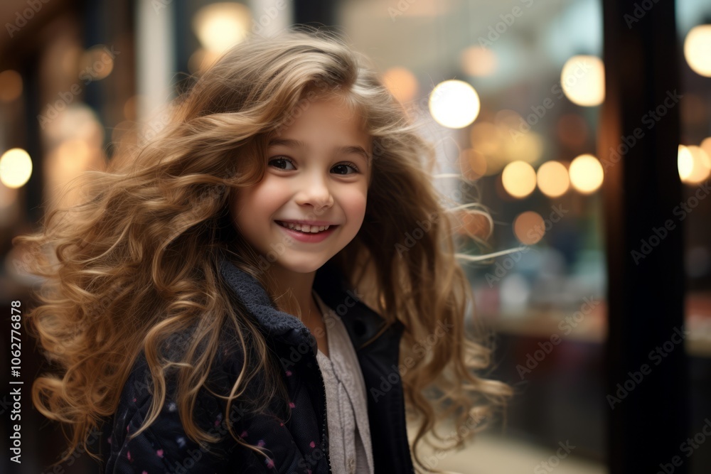Portrait of a cute little girl with long curly hair in the city. Portrait of a cute little girl with long curly hair in the city.