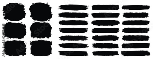 Set of grunge black paint, ink brush strokes,  brushes, lines, frames. Ink splatters, grungy painted lines, artistic design elements. Brush stroke paint boxes on white background.